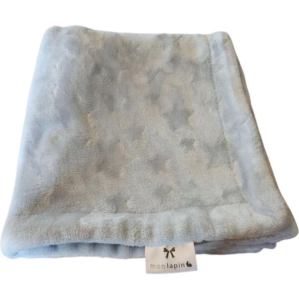 Mon Lapin Baby Blanket Mink‎ Plush Sherpa Blue Embossed Stars